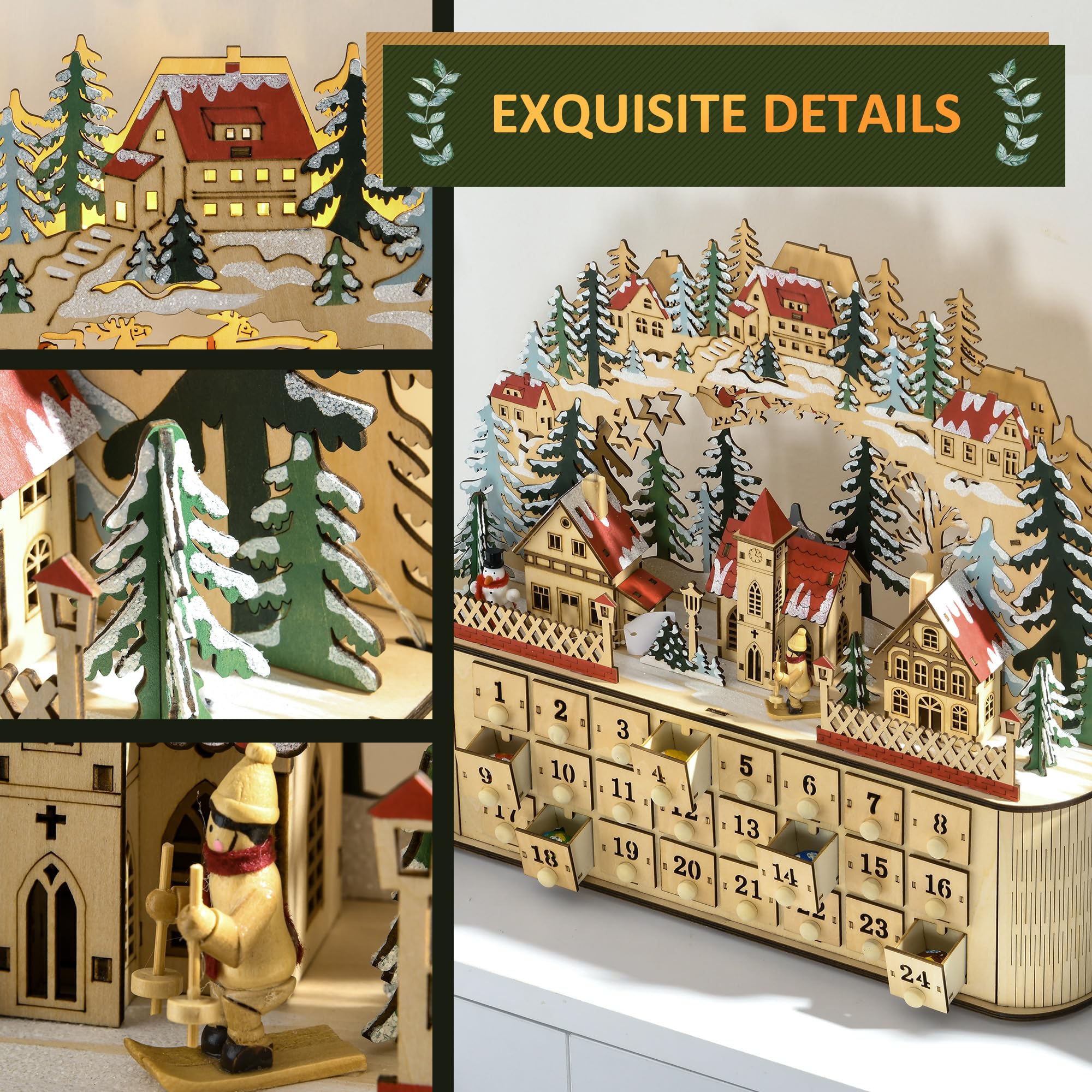 HOMCOM Wooden Christmas Advent Calendar, Light Up Table Holiday Decoration with 24 Countdown Drawers and LED Lights for Kids and